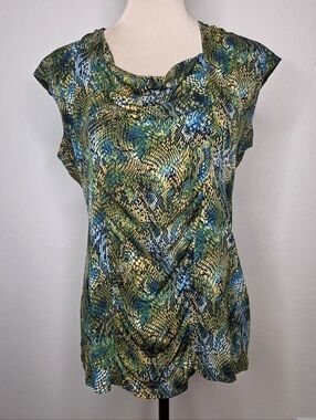 Y2K Mel & Jo Snake Print Cowl Neck Top Green Blue Gold Draped Stretch Blouse L
